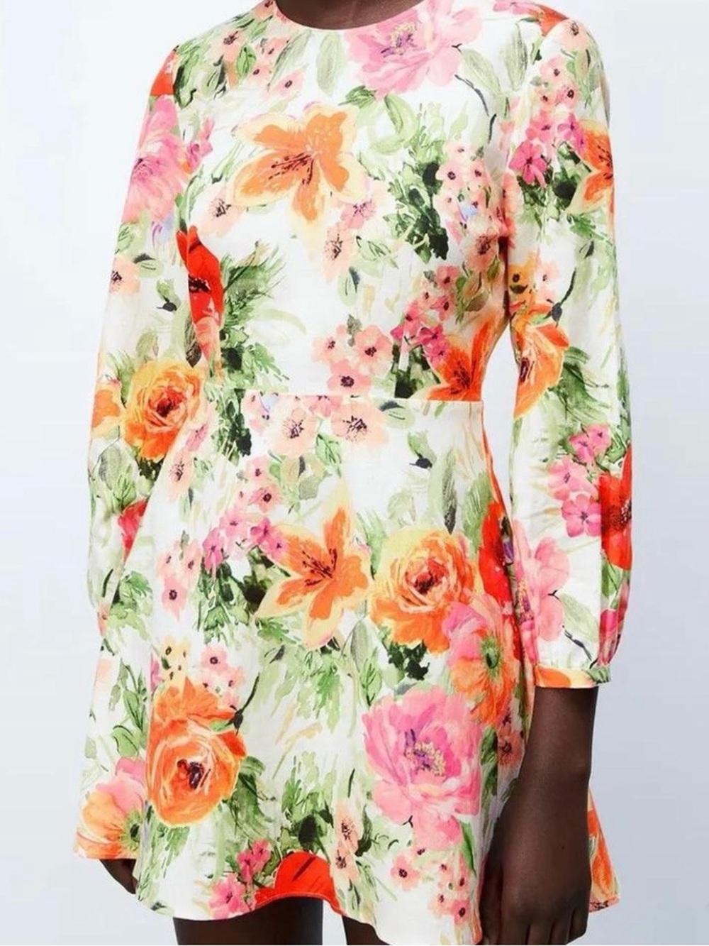 Zara White Long-Sleeve A-Line Dress with Pink & Orange Floral Print
